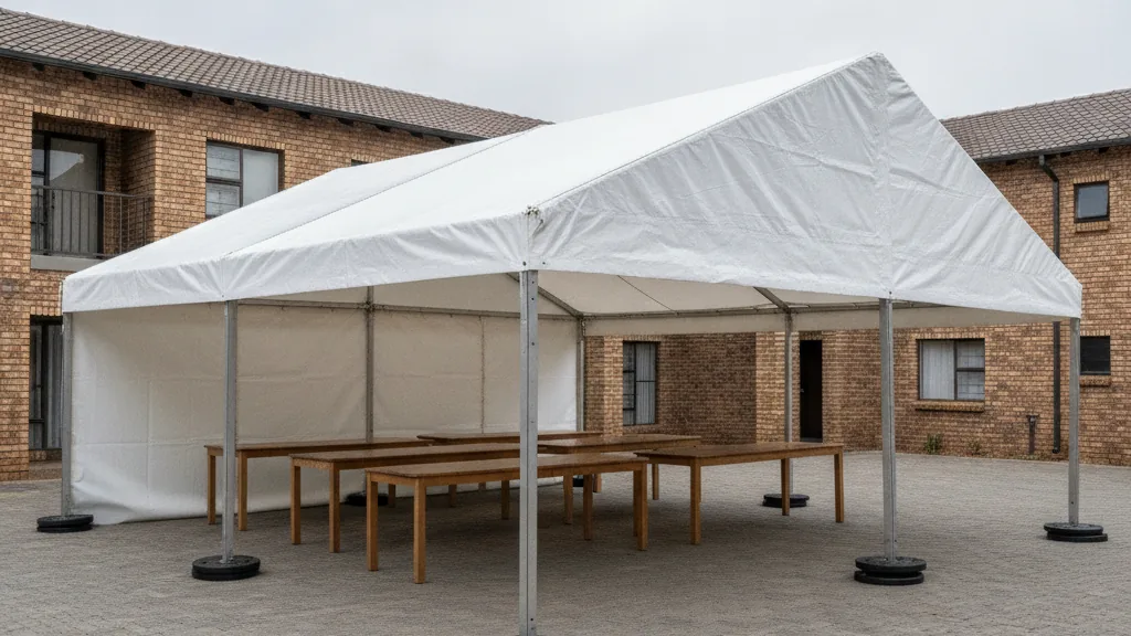 Aluminium frame tent on weight plates on paving in a Bloemfontein complex courtyard