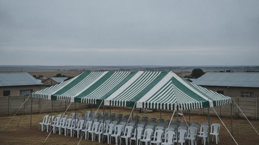 Green and white striped funeral tent with rows of white plastic chairs in a Bloemfontein township yard