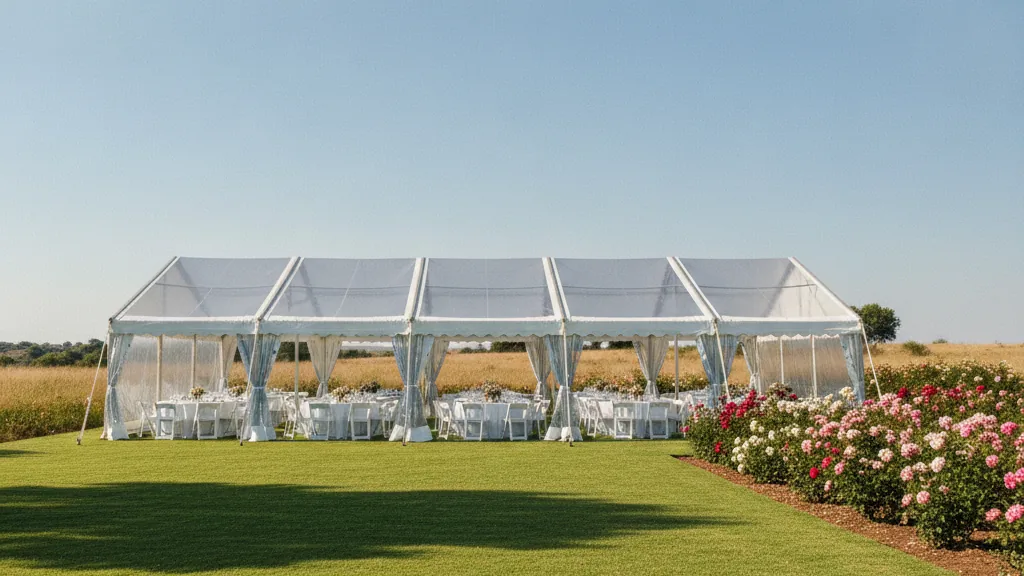 White clear-span frame marquee with round tables beside a rose garden on a Bloemfontein lawn