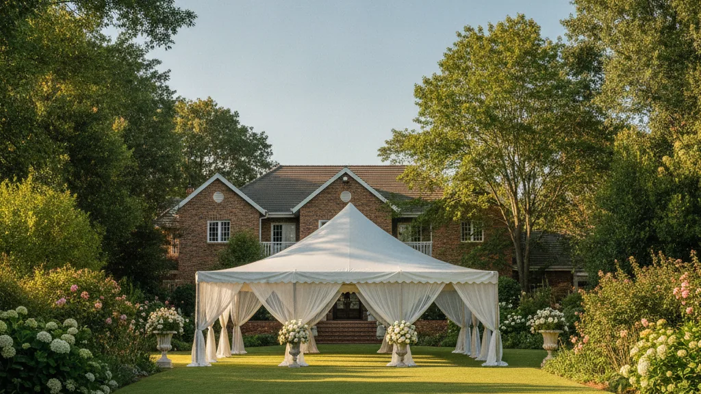 Elegant draped white marquee on a leafy garden lawn in Universitas, Bloemfontein